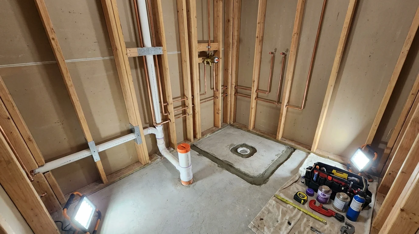 Bathroom rough-in plumbing during remodel by Johns Plumbing LLC in Medway