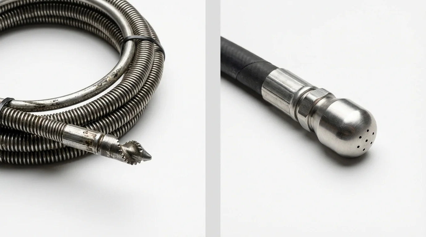 Drain snake cable and hydro jetting nozzle used for drain cleaning in Medway, ME
