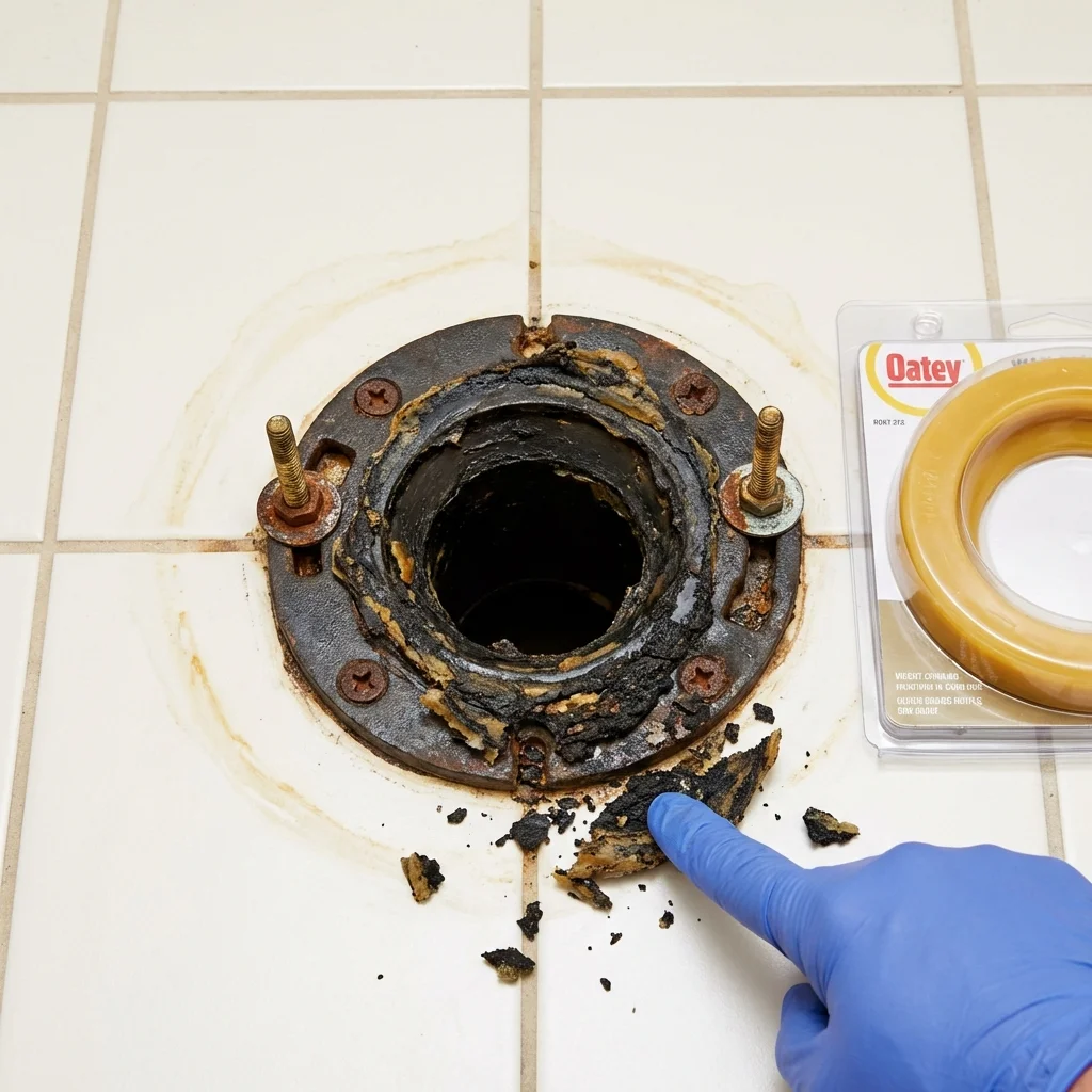 Failed wax ring showing water seepage at the base of a toilet in a Medway, ME home