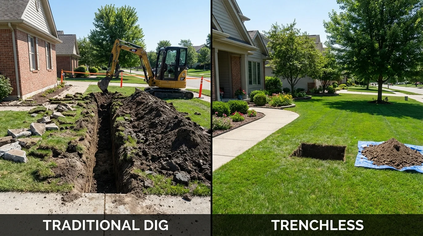 Trenchless sewer repair with minimal yard damage versus traditional excavation in Medway, ME