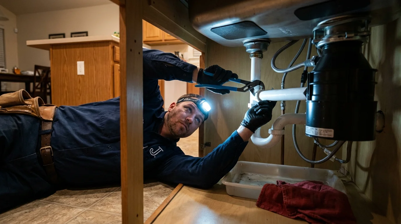 P-trap and supply line connections under a kitchen sink showing a common leak point in Medway, ME